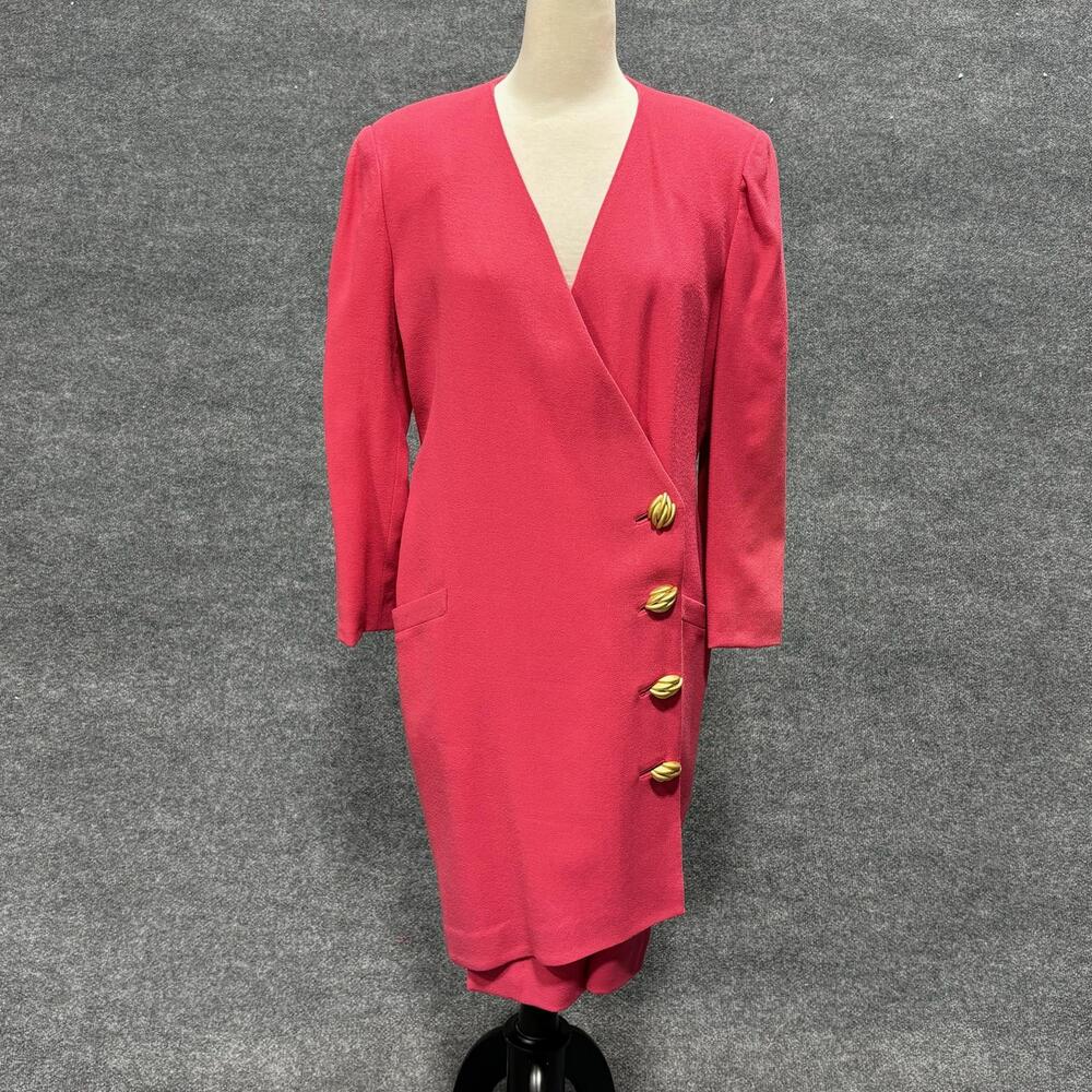 Vintage Teri Jon Dress Womens 14 Pink Wool Gold Button Neiman Marcus 80s